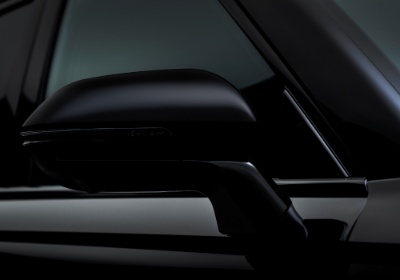 Close-up of a black car's side mirror.