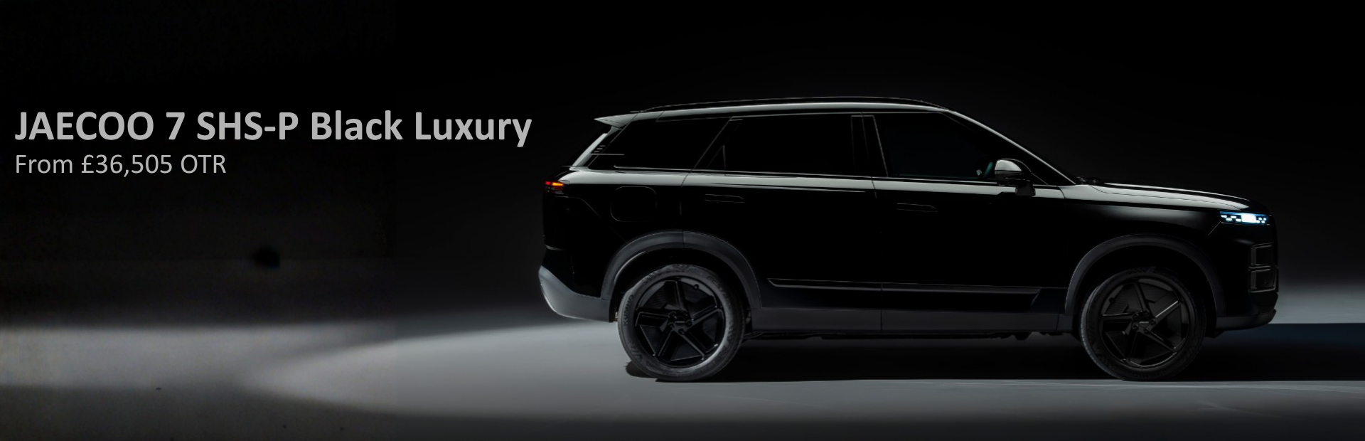 Black JAECOO 7 SHS-P Luxury, shown in profile with text displaying price.