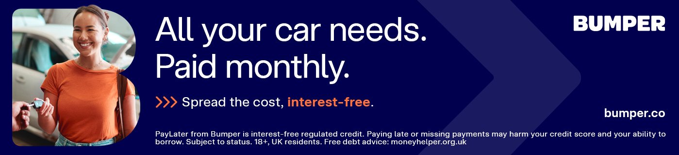 Woman with coffee cup and text: All your car needs. Paid monthly. Spread the cost, interest-free.