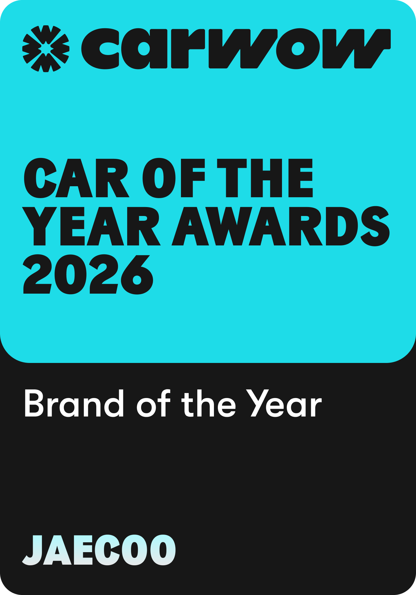 Car of the Year Awards 2026 badge for Brand of the Year, awarded to JAECOO.