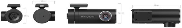 Black cylindrical dash cam with dimensions shown from different angles.