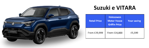 Blue Suzuki e VITARA with pricing table showing retail and discounted prices.