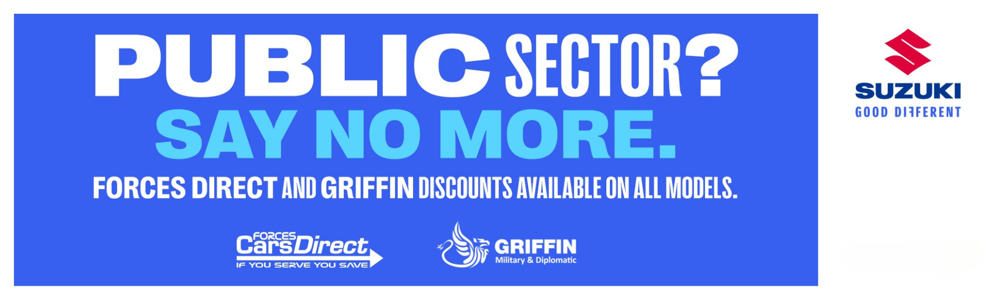 Public sector advert for car discounts by Forces Cars Direct and Griffin with Suzuki logo.