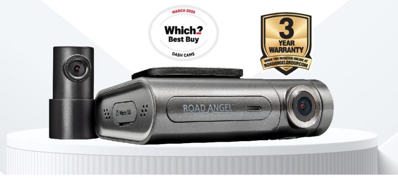 Halo Pro front and rear dash cam with specifications and warranty badges.