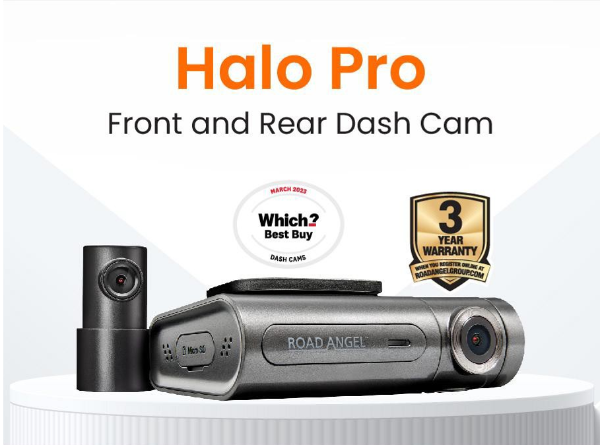 Halo Pro front and rear dash cam with features and awards displayed.