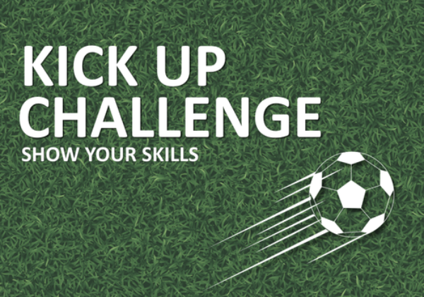 Kick Up Challenge text with a football graphic on green grass texture.