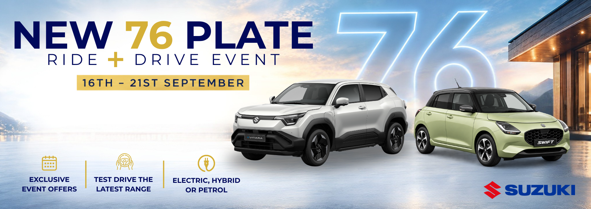 New 76 plate cars with event details, featuring Suzuki Vitara and Swift models.