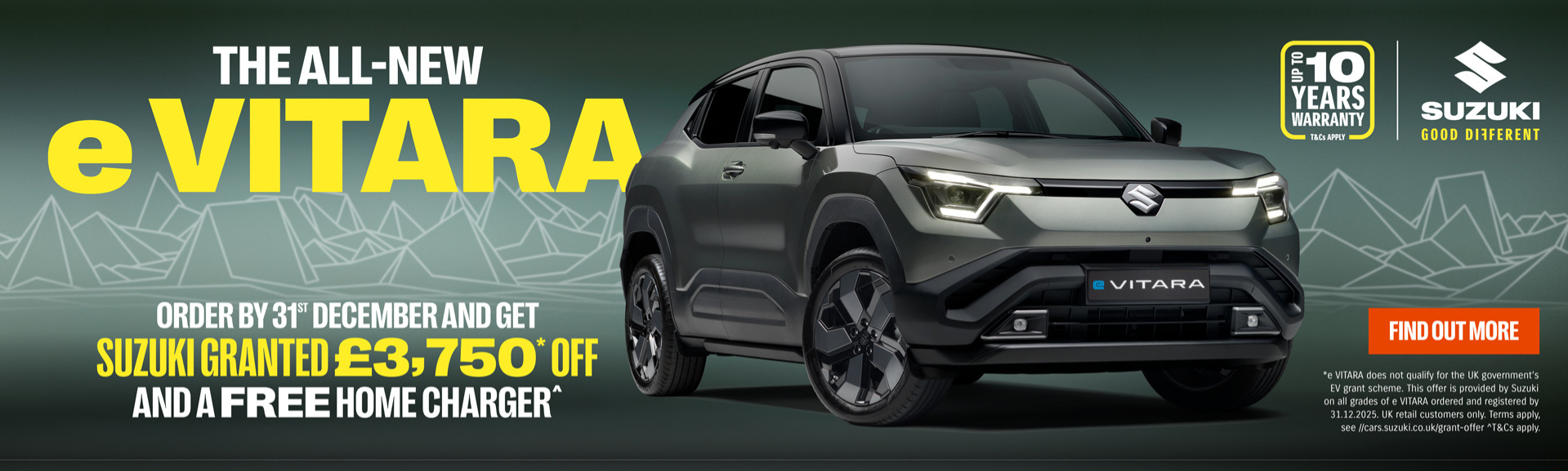 Silver Suzuki eVitara SUV with promotional text and logo.