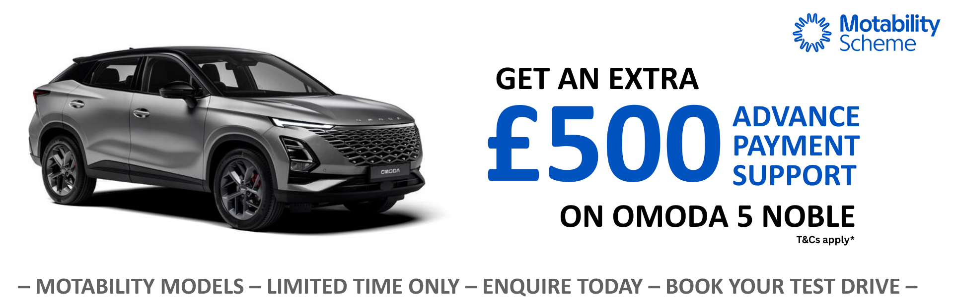 Omoda 5 Noble with £500 advance payment support offer, part of the Motability Scheme.