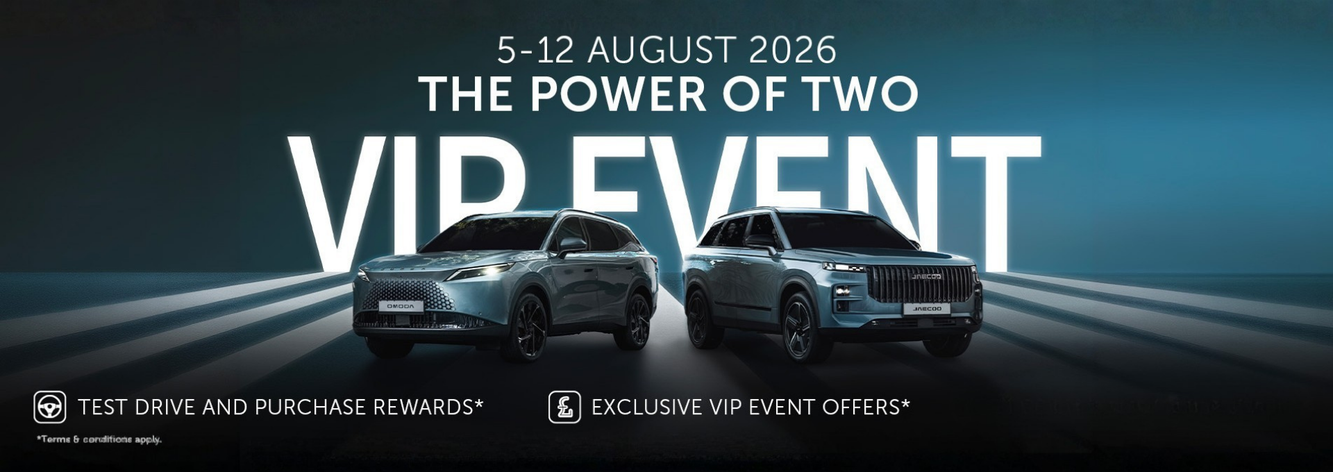 Two cars under 'VIP Event' text, dated 5-12 August 2026 with offer details below.