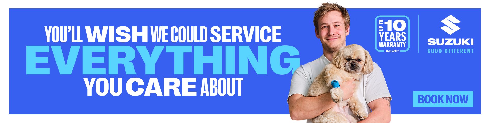 Man holding a dog with Suzuki branding and text about servicing and warranty.
