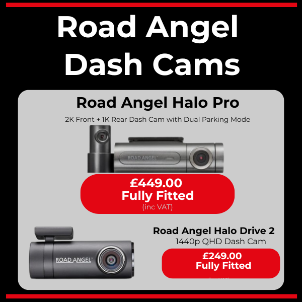 Two Road Angel dash cams with prices: £449 Halo Pro, £249 Halo Drive 2.