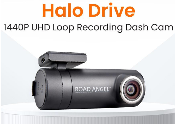 Road Angel Halo Drive dash cam, 1440P UHD, with specs and dimensions shown.
