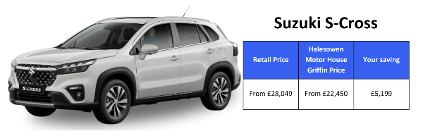 White Suzuki S-Cross with price comparison table showing savings.