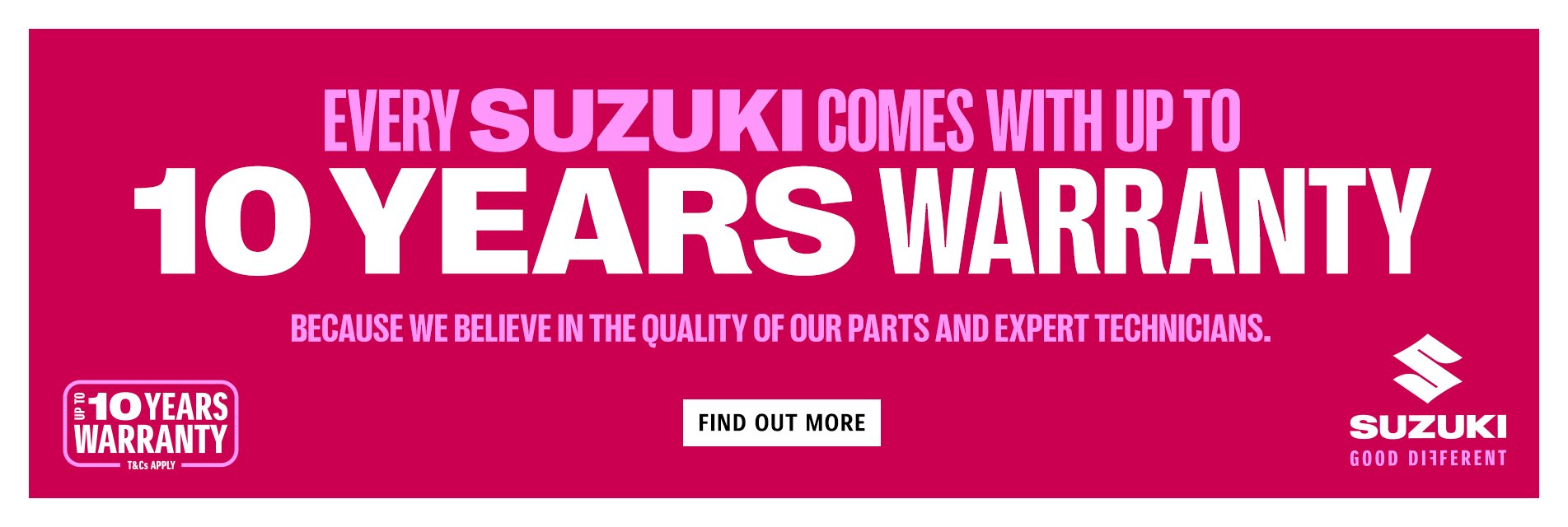 Suzuki offer with up to 10 years warranty highlighted on a pink background.