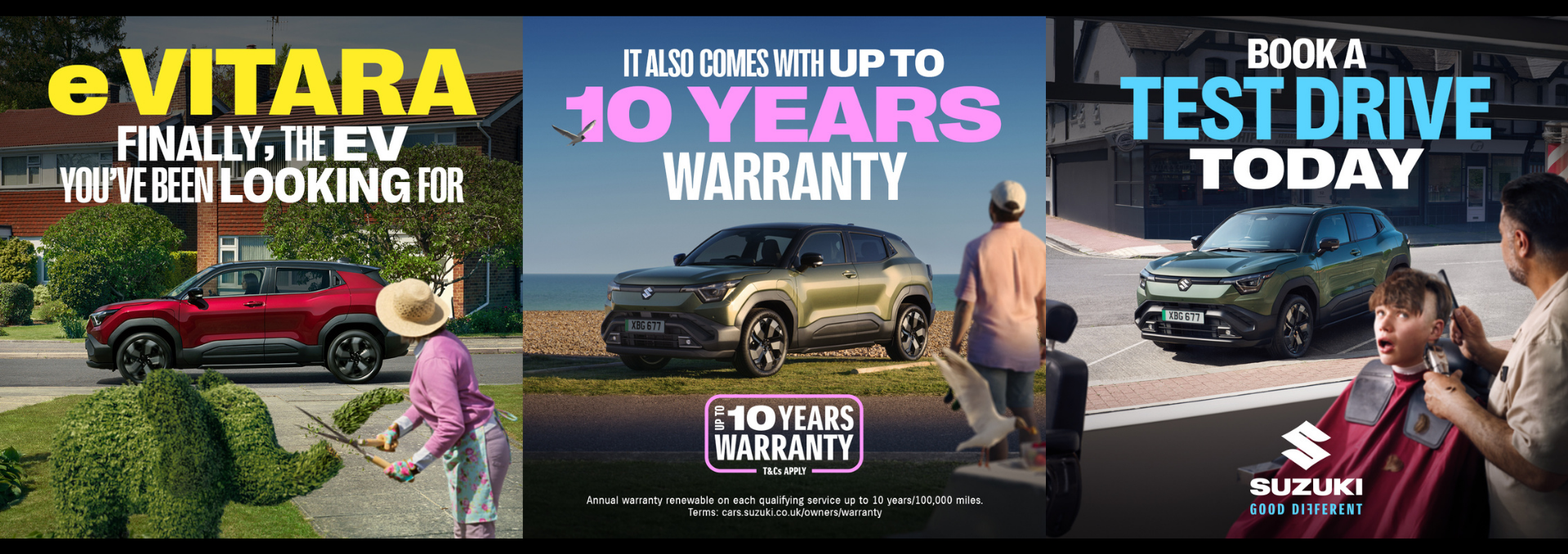 Three cars in different settings promoting Suzuki eVITARA and test drive options.