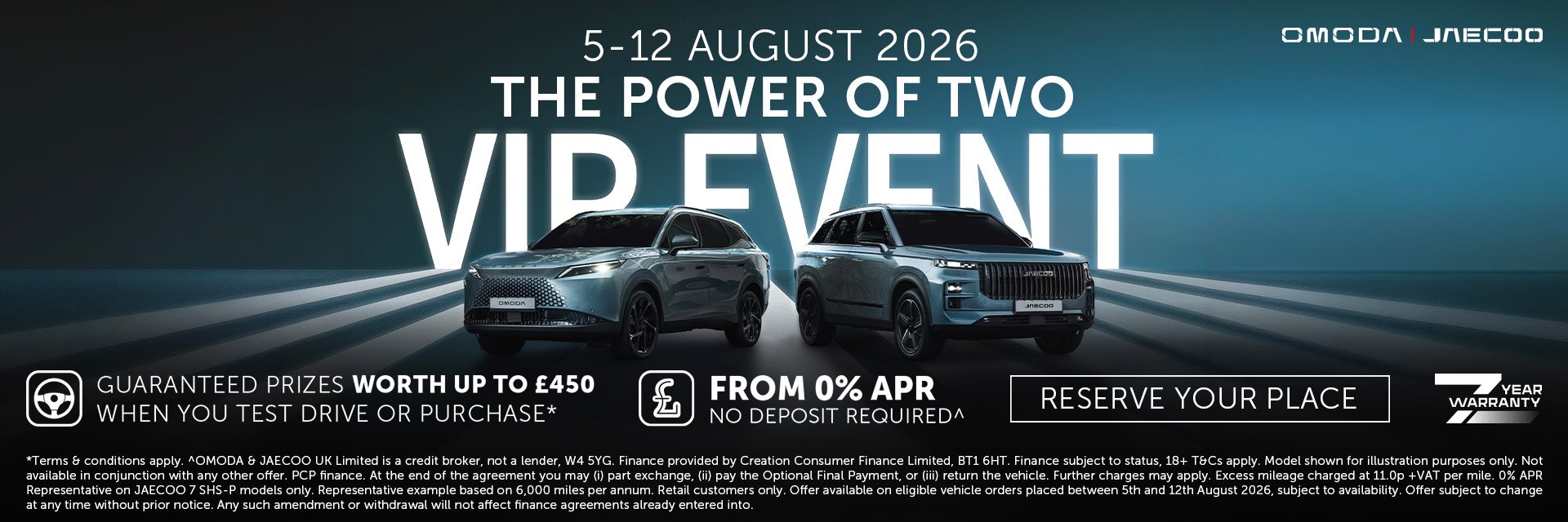 Two cars displayed under text promoting a VIP event from 5-12 August 2026.
