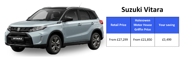 Suzuki Vitara car with pricing table showing savings of £5,499.