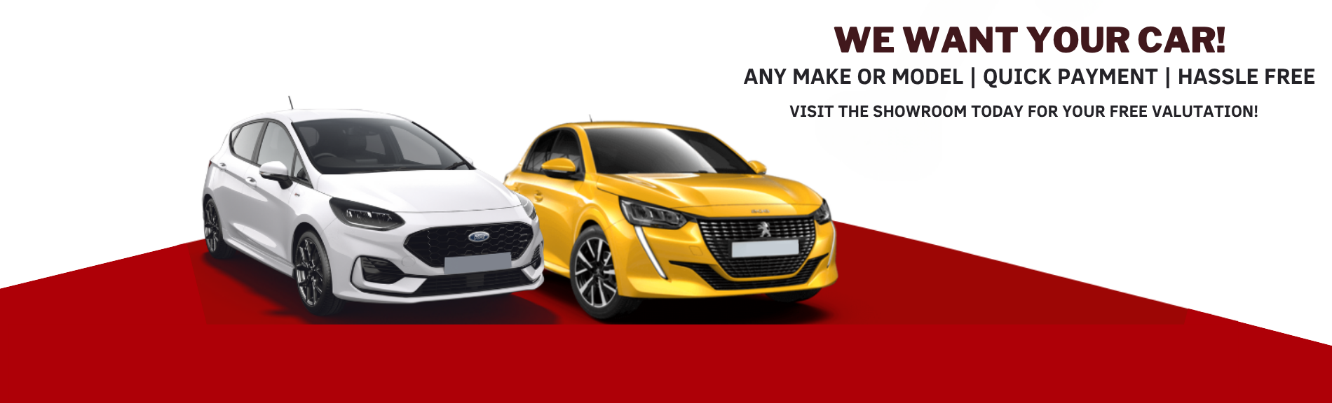 Two cars, one white and one yellow, with text We Want Your Car above.