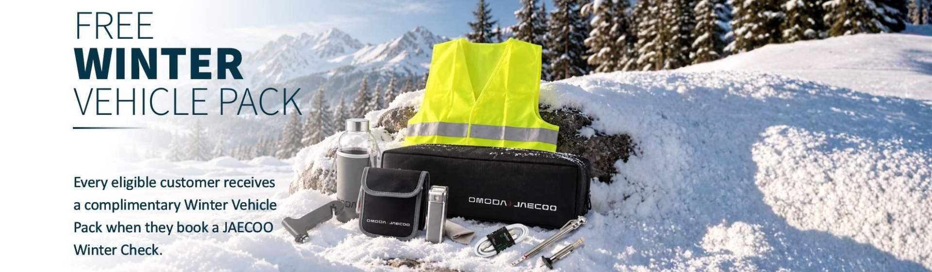 Winter vehicle pack with high-vis vest and gear on snowy landscape.